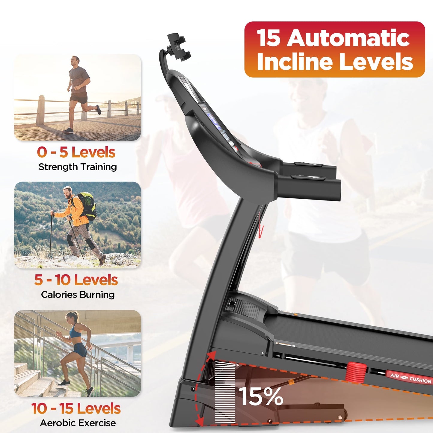 15% Auto Incline Treadmill 5HP, 300LBS Treadmill for Home, Foldable Running Walking Machine w/ APP Control