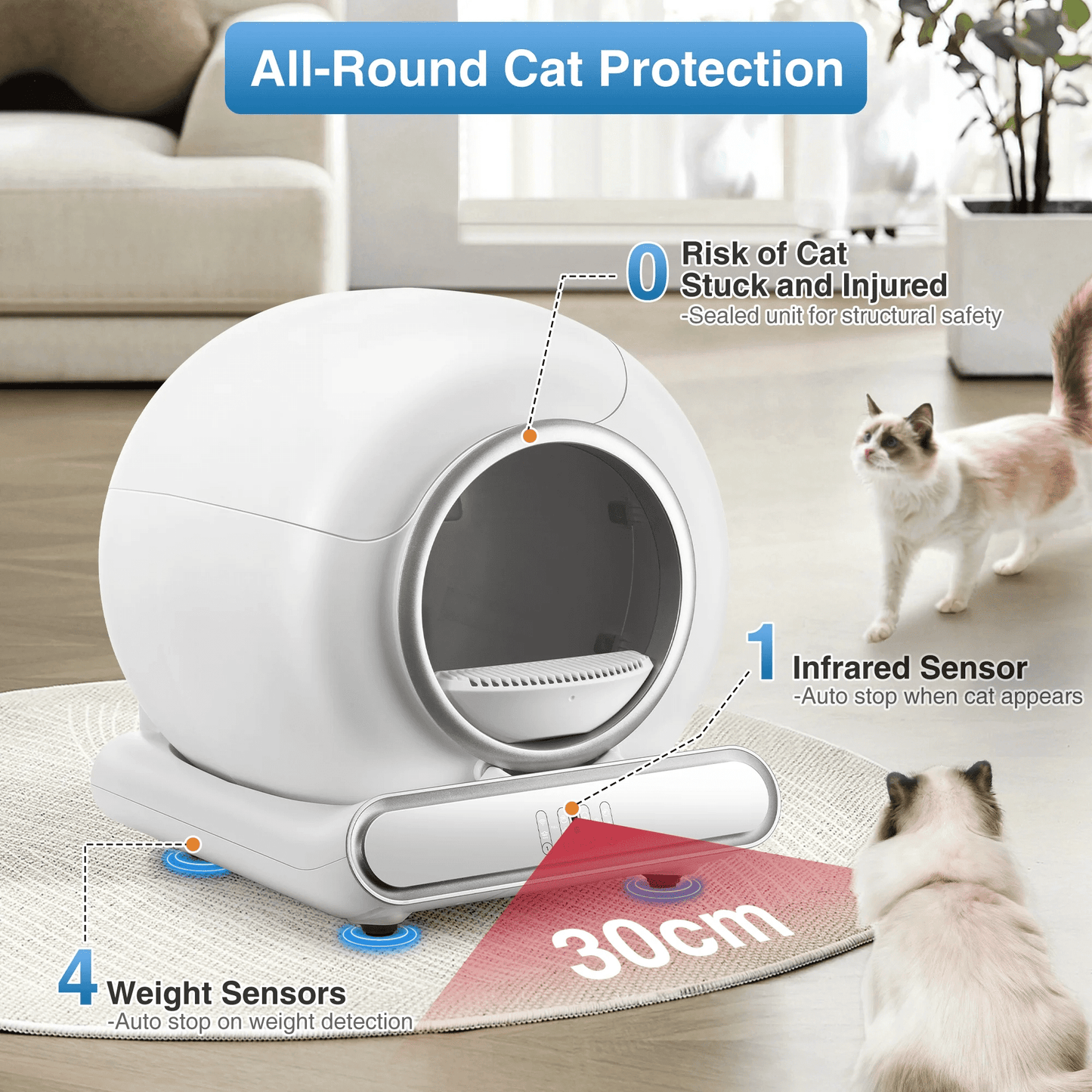 FaayFian Self Cleaning Cat Litter Box, Extra Large Automatic Litter Box for Multiple Cats, 65L+9L, APP Control, 2 Rolls Trash Bags, White
