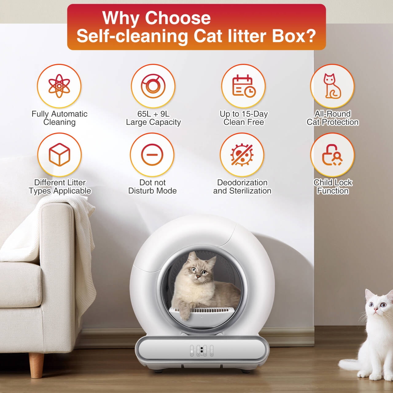 Self Cleaning Cat Litter Box w/ Safety Sensors, Automatic Litter Box, 18LB & 65L+9L Large Capacity for Multi-Cat