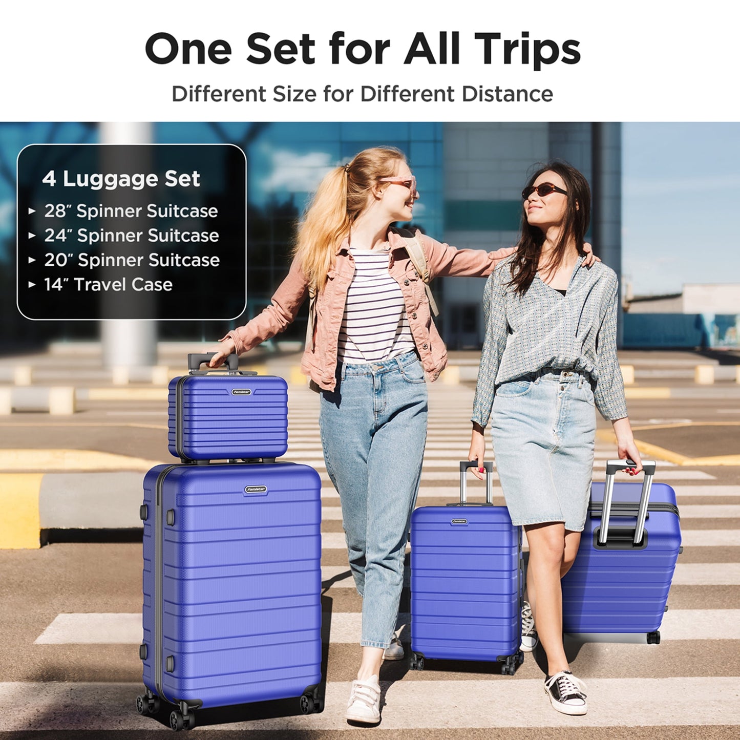 Famistar 4 Piece Set Luggage Sets Suitcase ABS Hardshell Lightweight Spinner Wheels (14/20/24/28 inch) Blue