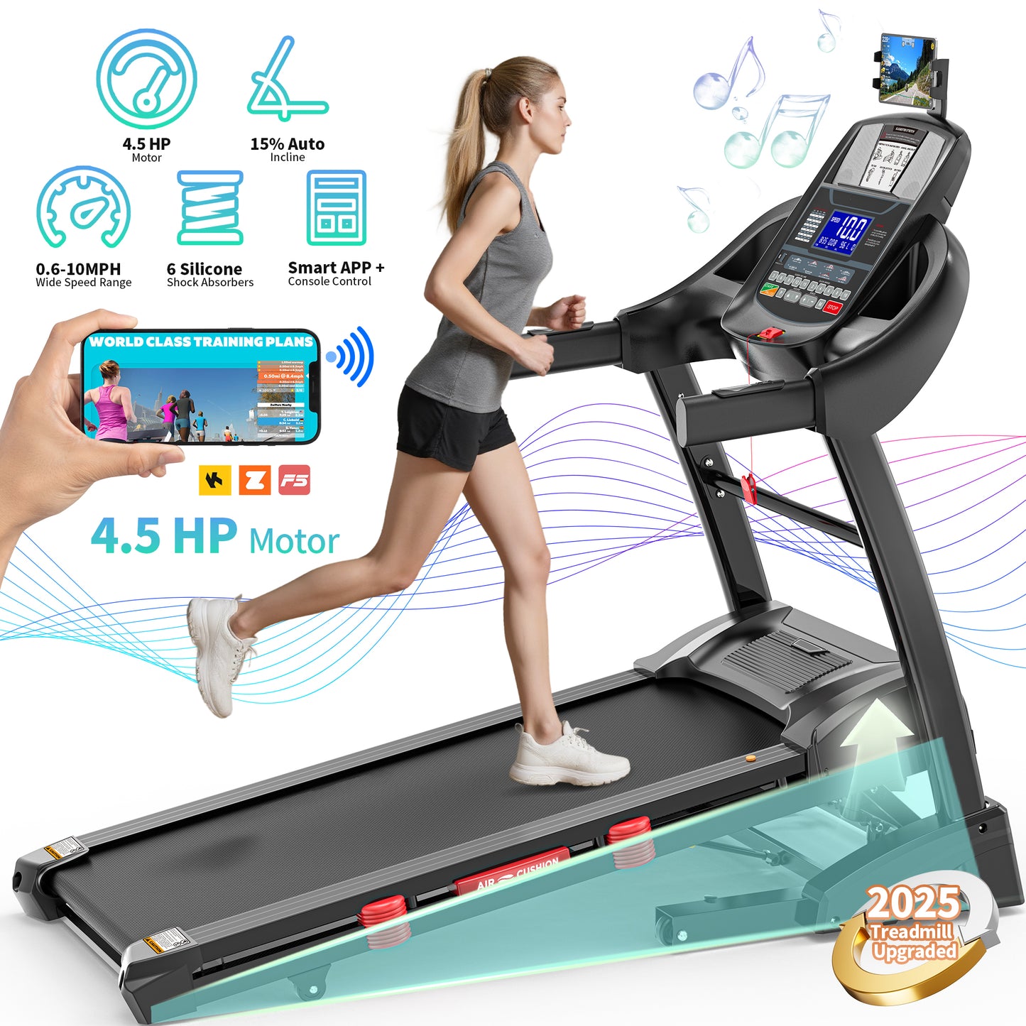 Treadmill for Home with App Control, Treadmill with 15% Incline, 4.5HP Fold Treadmill 300lbs Capacity, 10MPH Speed, Shock Absorption, Free Fit Course, Home&Office