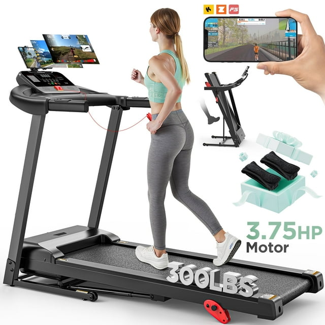 300LBS Capacity Folding Treadmill w/ Incline for Home, 3.75HP Portable Treadmill