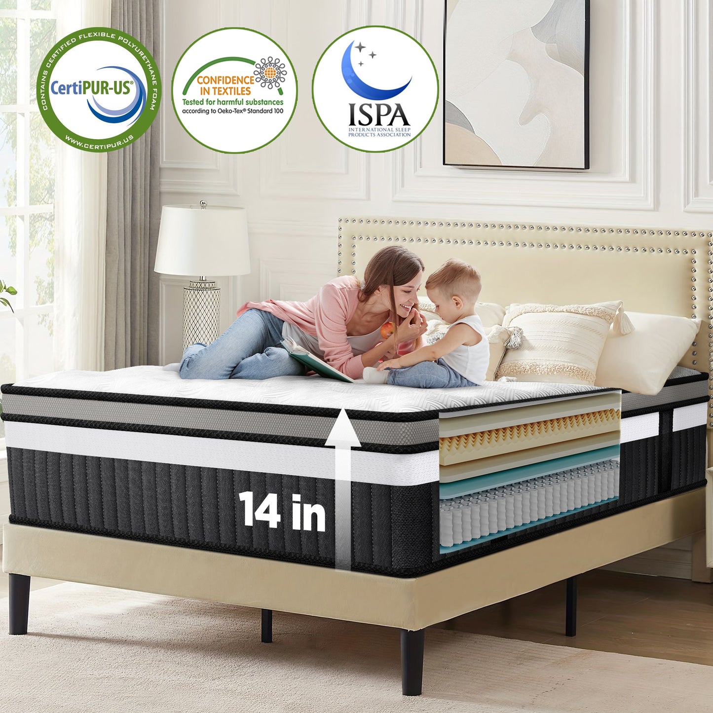 Qvamodo 14 Inch Hybrid King Mattress- Medium Firm King Size Bed in a Box - CertiPUR-US Certified Memory Foam, King Size mattress for Pressure Relief, Cooling Sleep, and Motion Isolation