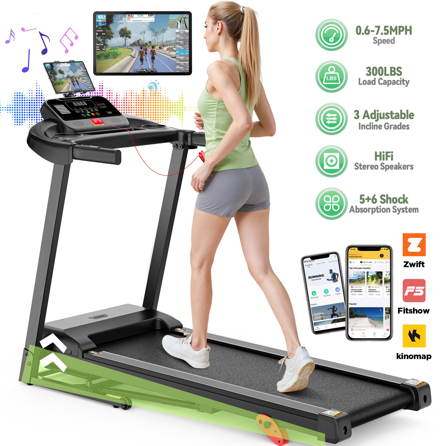 Folding Treadmill for Home, Treadmill with 300lbs Capacity, Treadmill with incline, 0.6-7.5MPH, 2.5HP, 64+3+3+1 Program