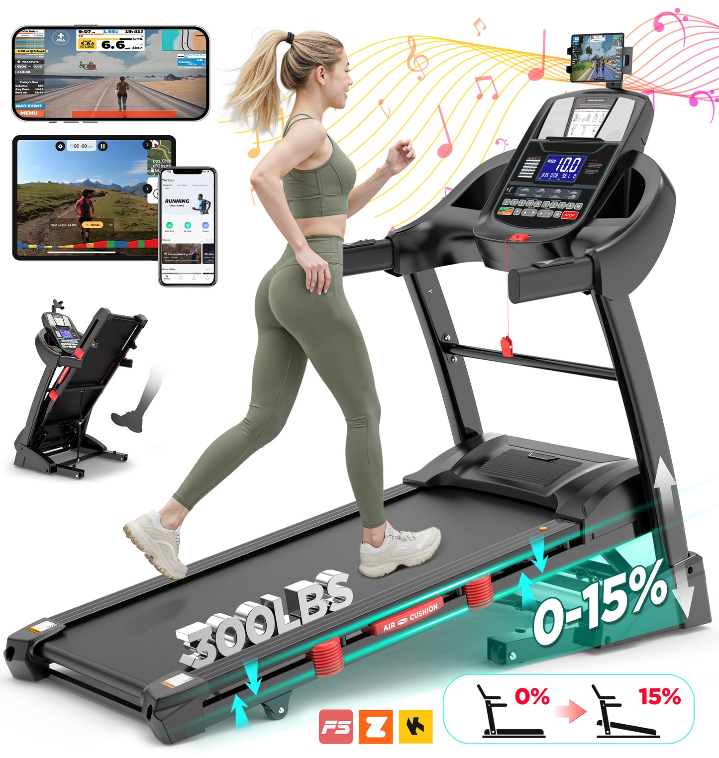 Treadmill with 15% Auto Incline for Home, Treadmill with 300lbs Capacity, Folding Treadmill with 18’’ Wide Belt, 4.5HP Brushless Motor, APP Control, 0.6-10MPH, 64Preprogram
