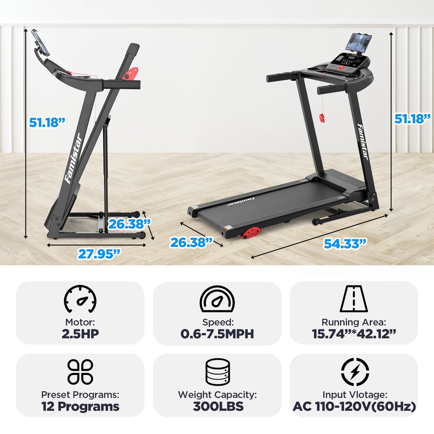 Famistar Electric Folding Treadmill for Home with Adjustable Incline & APP, 7.5MPH Speed, 301lbs, HiFi Bluetooth Speakers, 2.6HP Foldable Compact Treadmill Walking Running Machine
