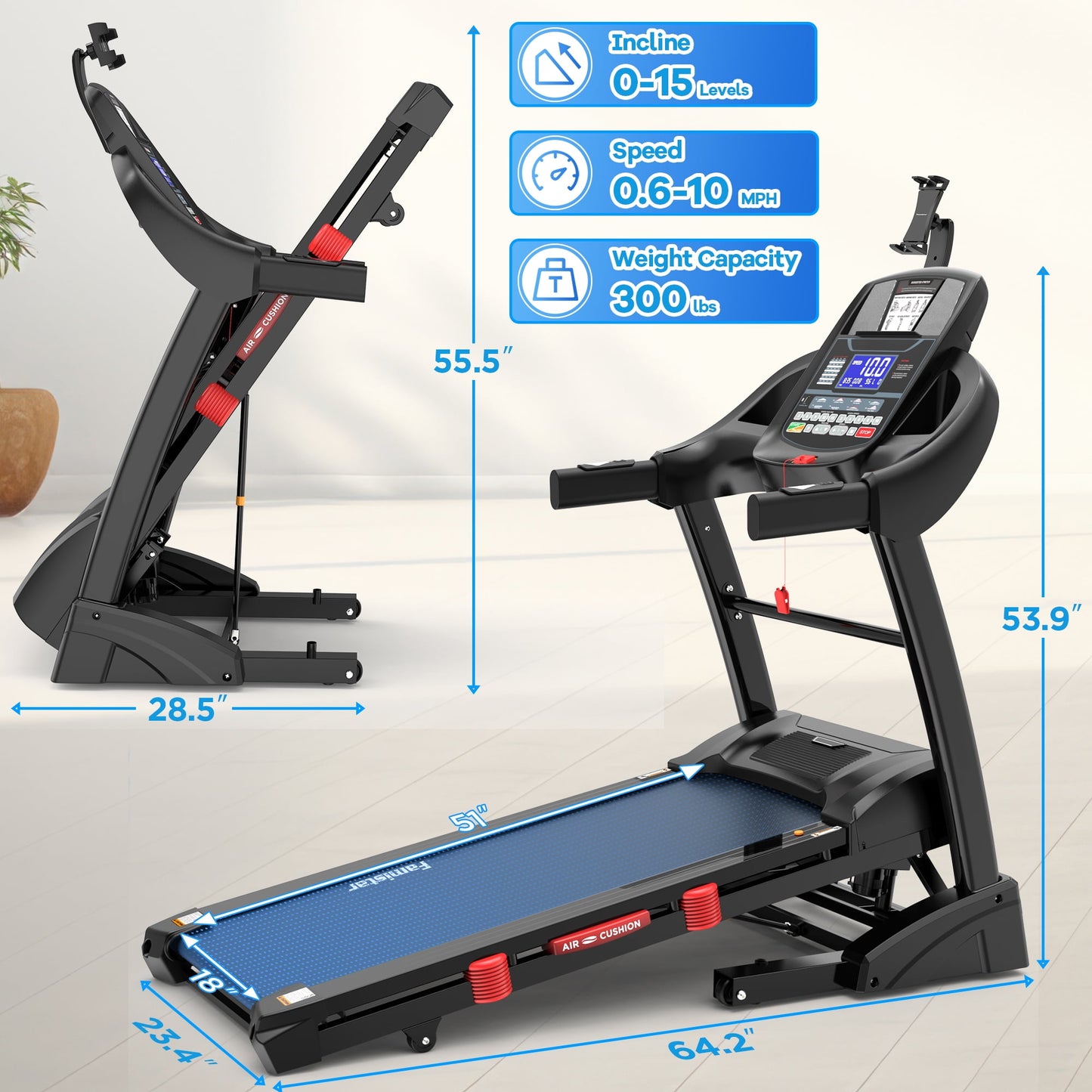 FaayFian 5.0 HP Folding Treadmill with 15-Level Adjustable Incline, 10mph Speed Running Machine,Treadmill 300 lb Capacity, Silent Brushless Motor,71 Preset Training Program Electric Treadmills for Home Use
