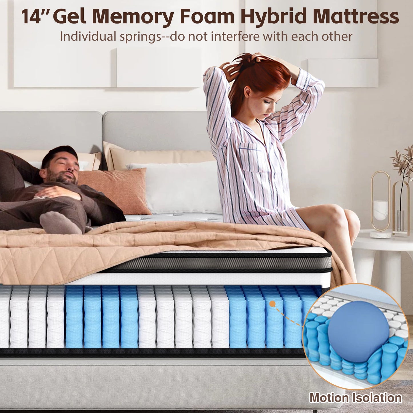 14 Inch Queen Size Mattress, Hybrid Mattress with Memory Foam & Pocket Springs for Motion Isolation