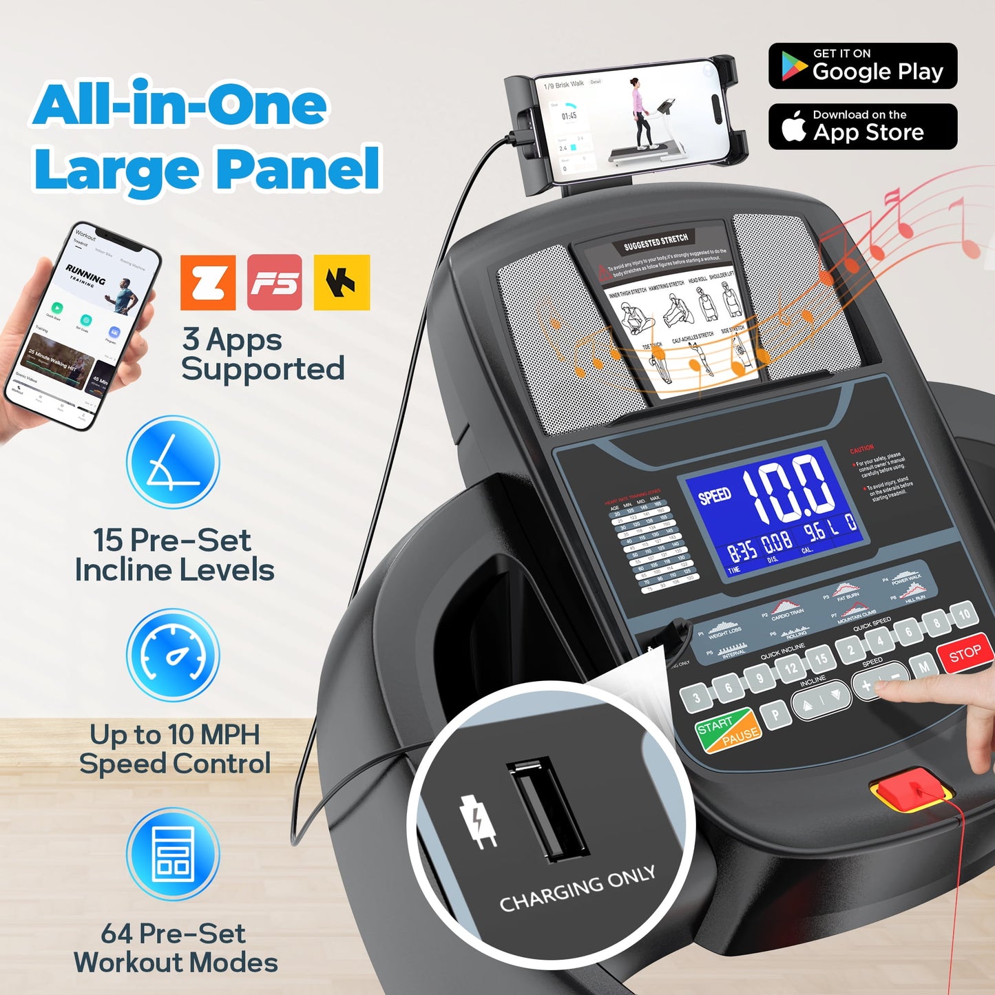 FaayFian 4.5 HP Foldable Treadmill with 15% Auto Incline, Treadmill 300 lb Capacity, Treadmills for Home,10 MPH Speed, Bluetooth APP Integration, 64 Pre-Set Programs & Smart Training Analytics