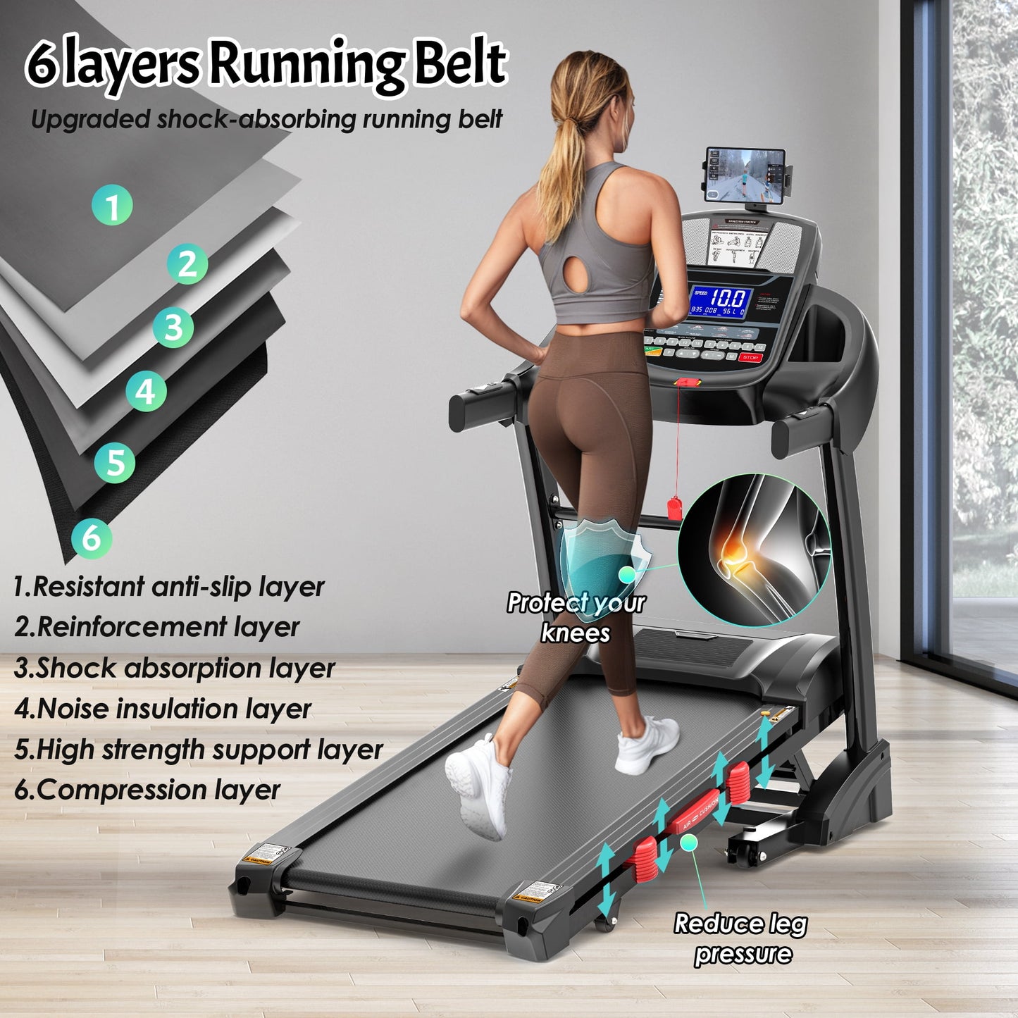Campmoy Treadmill with 15% Incline 300 lbs Capacity, 4.7HP Folding Treadmill for Home, Wild Shock Absorption Belt Treadmill, 0.6-10MPH, APP Control, 64+3+3+1 Program