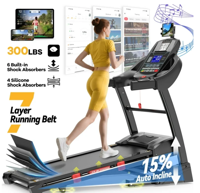 5HP Foldable Treadmill for Home w/ 15% Auto Incline, 300lbs Capacity, 10MPH Portable Treadmill, 64+7 Programs, Personalized Workout with APP, Running Walking treadmill