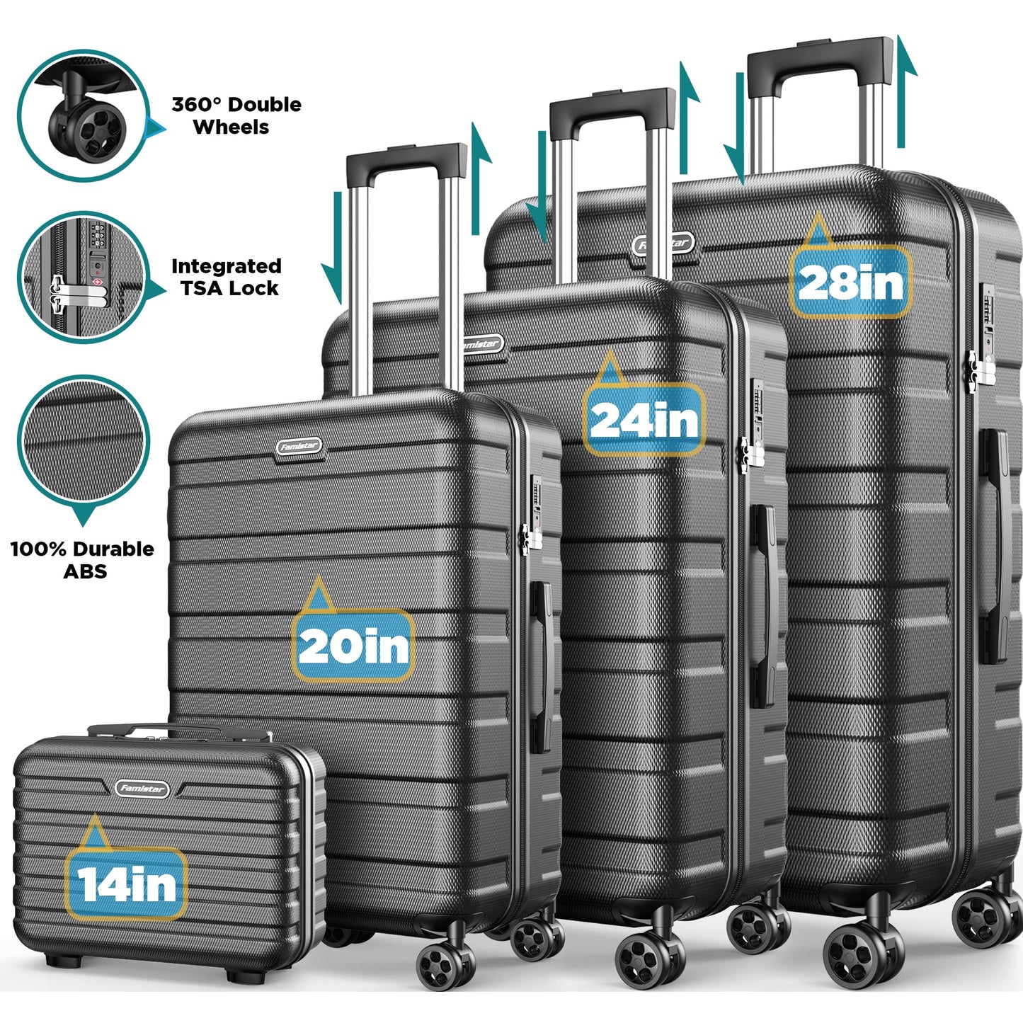 Luggage 4 Piece Set,Lightweight Carry On Luggage Suitcase Set with TSA Lock & Spinner Wheels Hardside Luggage Set 14in/20in/24in/28in(Black)