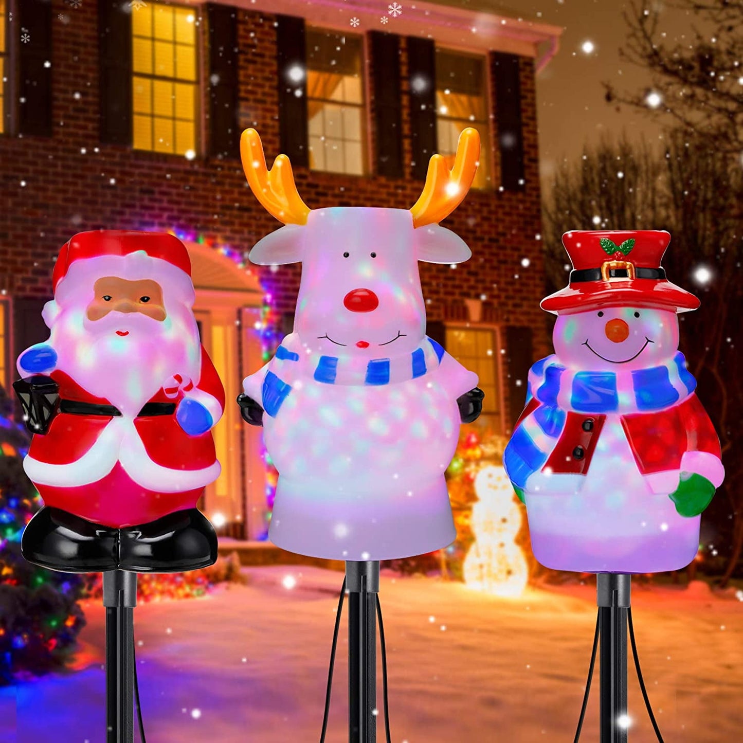 Christmas Pathway Lights Markers with Rotating Light Cute 3D Shape 3 Set Plug in Christmas Lawn Light Stakes 5V Waterproof Christmas Garden Stakes Walkway Lights Christmas Garden Landscape Lights