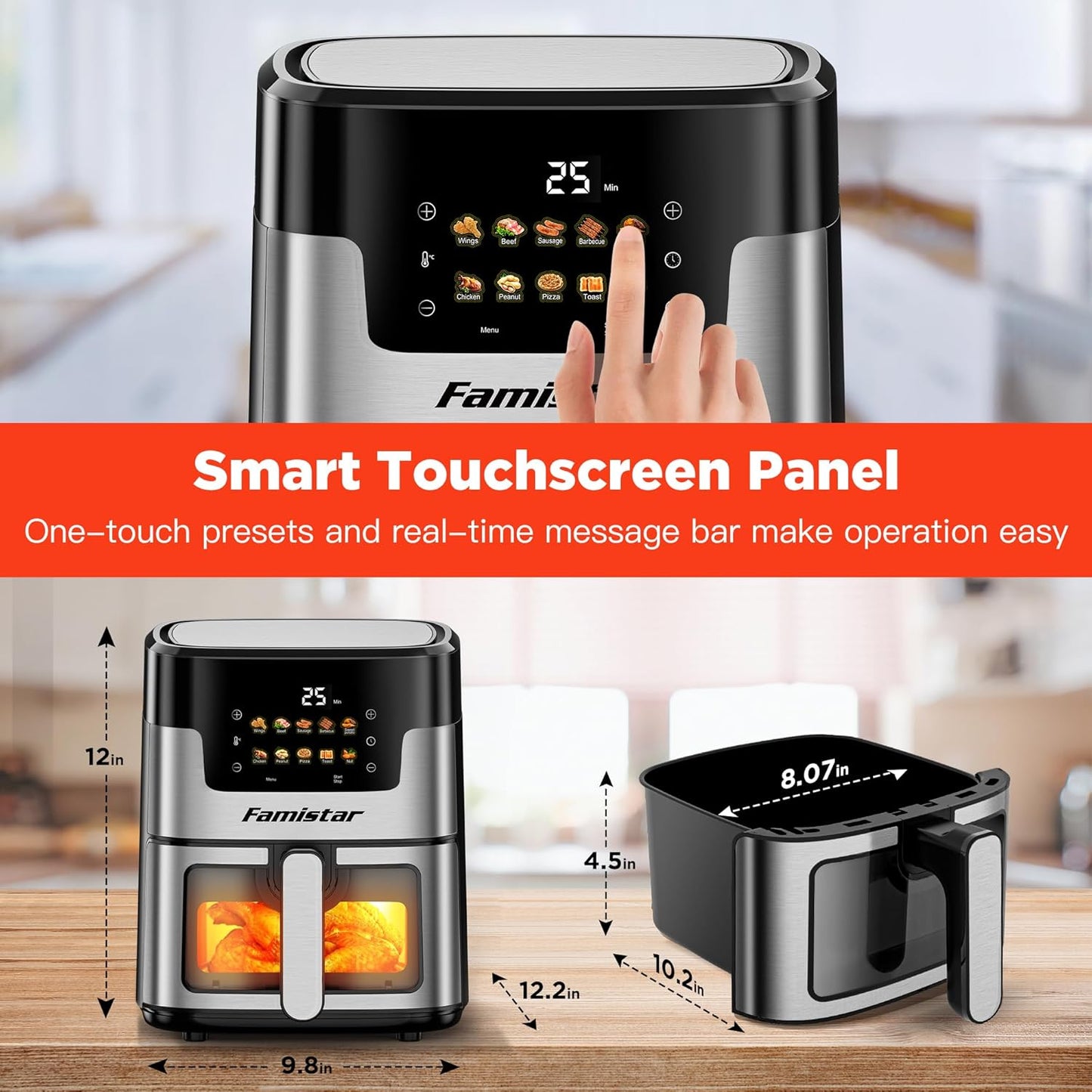 Air Fryer Oven, 10-in-1 7.5Qt Multifunction Air Fryer with Digital LED Touch Screen, 10 Preset Cookings, Dishwasher-Safe Basket, 95% Less Oil, Nonstick Dishwasher-Safe Basket, 100Pcs Liner