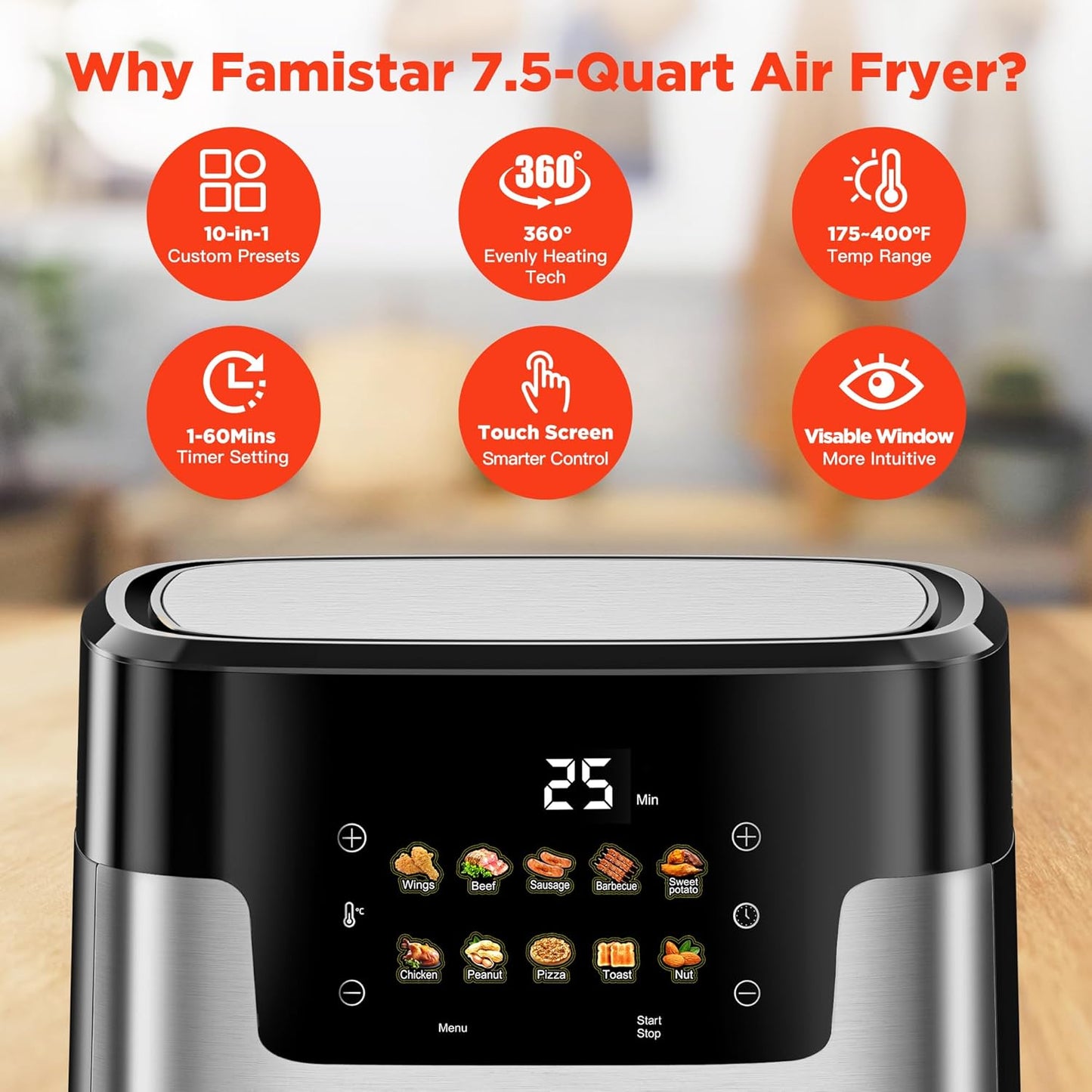 Air Fryer Oven, 10-in-1 7.5Qt Multifunction Air Fryer with Digital LED Touch Screen, 10 Preset Cookings, Dishwasher-Safe Basket, 95% Less Oil, Nonstick Dishwasher-Safe Basket, 100Pcs Liner