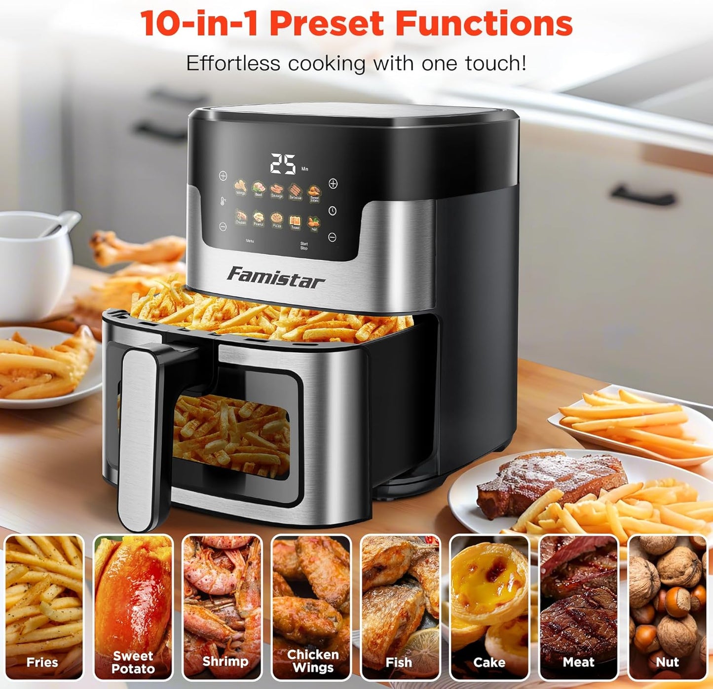 Air Fryer Oven, 10-in-1 7.5Qt Multifunction Air Fryer with Digital LED Touch Screen, 10 Preset Cookings, Dishwasher-Safe Basket, 95% Less Oil, Nonstick Dishwasher-Safe Basket, 100Pcs Liner