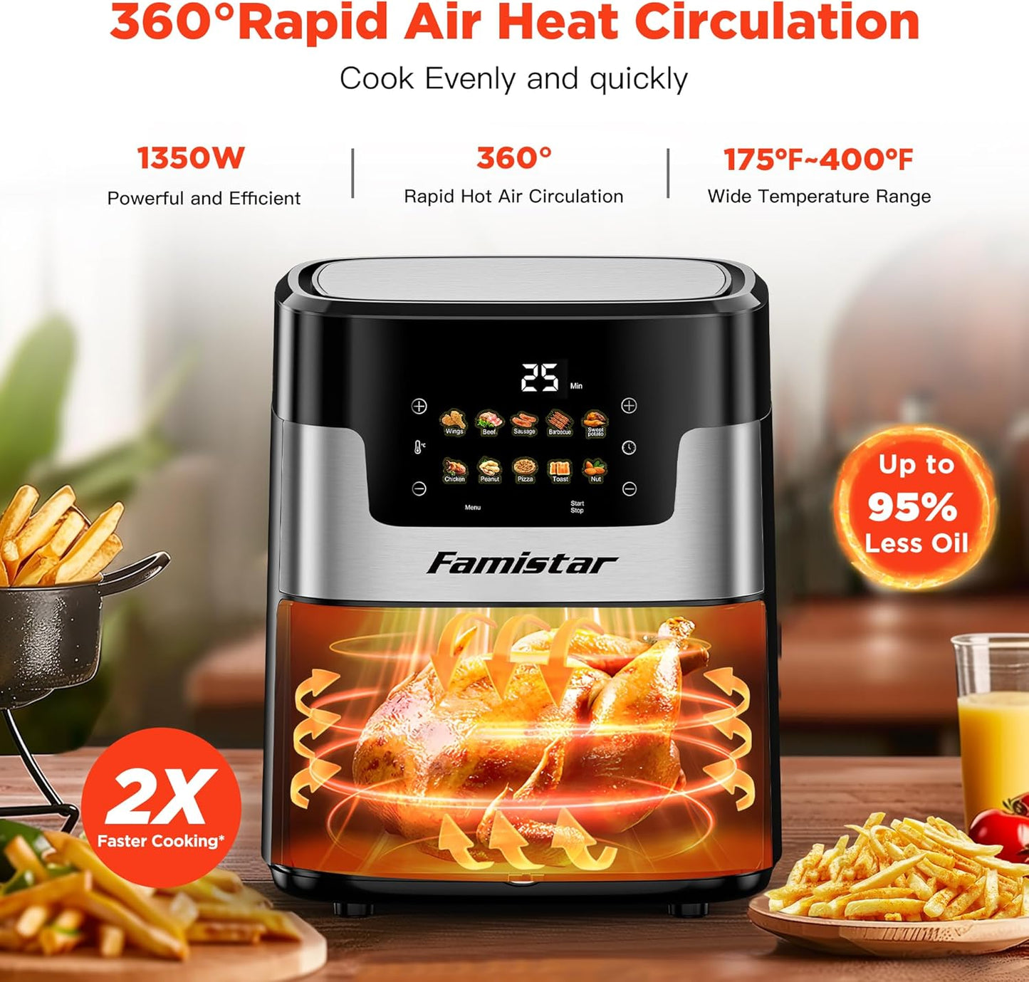 Air Fryer Oven, 10-in-1 7.5Qt Multifunction Air Fryer with Digital LED Touch Screen, 10 Preset Cookings, Dishwasher-Safe Basket, 95% Less Oil, Nonstick Dishwasher-Safe Basket, 100Pcs Liner