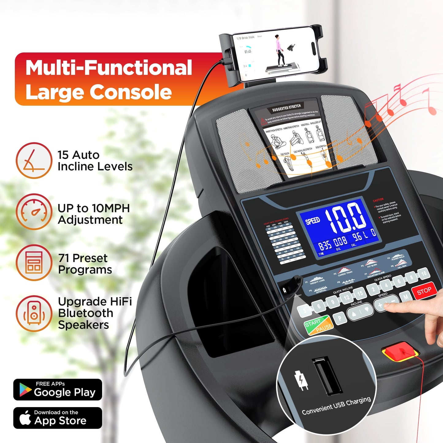 15 % Auto Incline Treadmill, 5HP Foldable Treadmill for Home 300Lbs Capacity, Interactive Workouts Via App