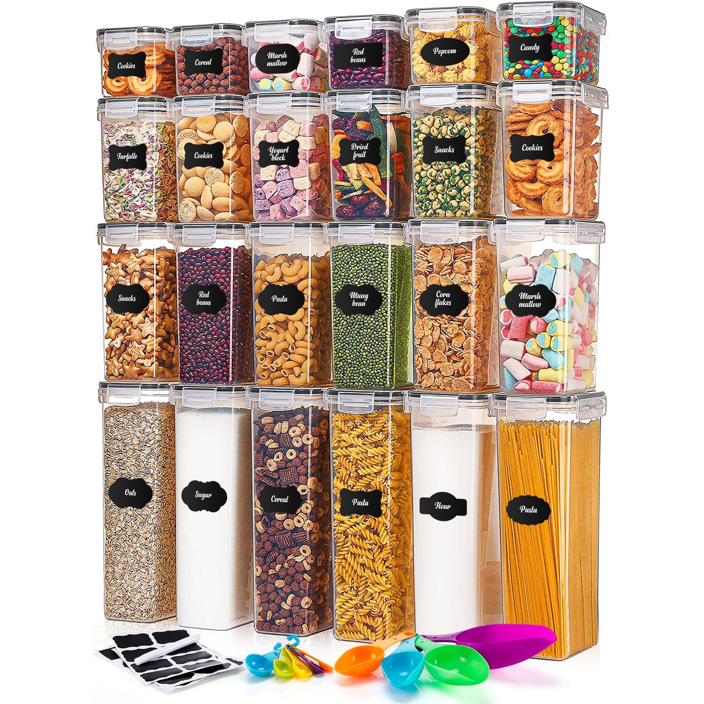 24 Pack Airtight Food Storage Containers Set with lids for Pantry Kitchen Organization - BPA Free Kitchen Canisters for Cereal, Rice, Flour & Oats - Free Marker, 24 Labels, 2 Measuring Sets