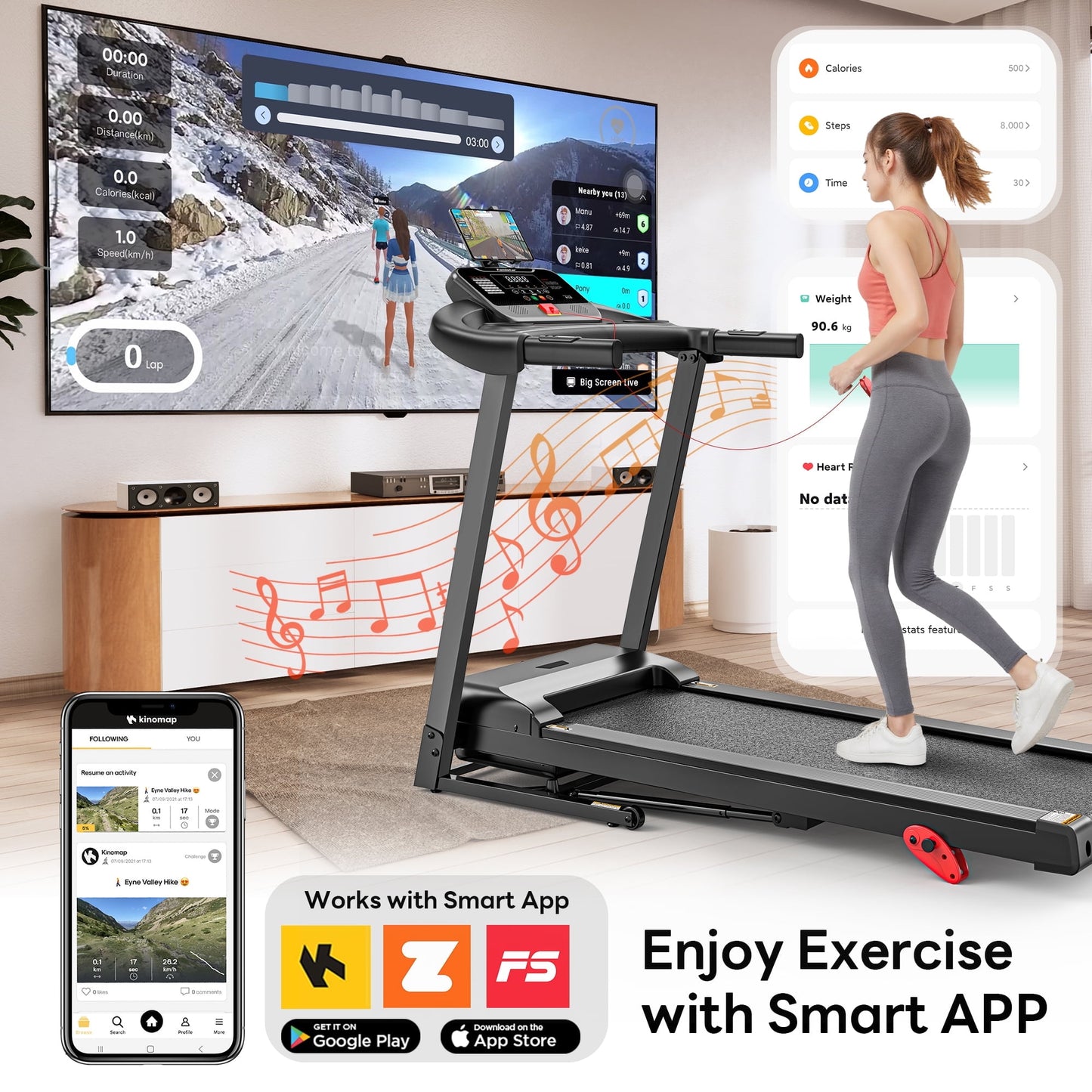 FaayFian 3.1HP Treadmill for Home, Folding Treadmill 300lbs Capacity, Treadmill with 6% Incline, 0.6-7.5MPH, 64 Preset Program, App Control, Knees Protection
