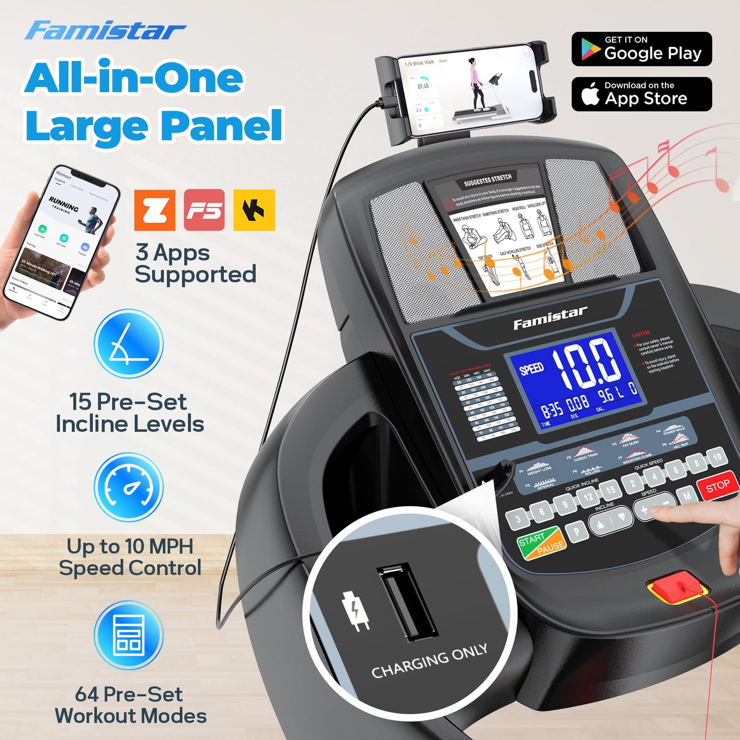 Famistar 4.9HP Treadmill 300LB Capacity, 15% Auto Incline Treadmill for Home, 10MPH Fast Speed