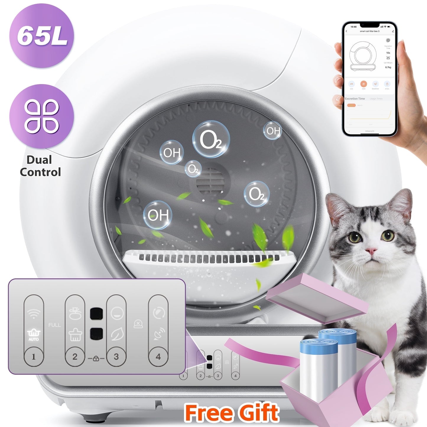 Automatic Cat Litter Box, Self-Cleaning Litter Box, Wifi-Enabled with 2.4G APP Control, Designed for Multiple Cats