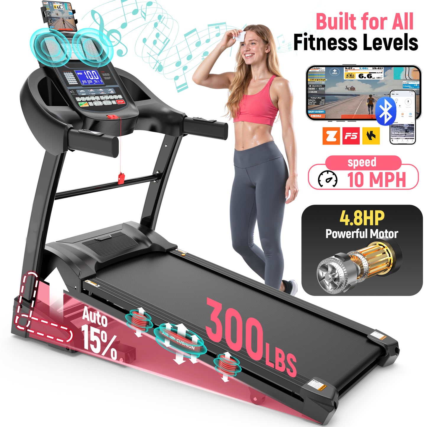 FaayFian 4.8HP Folding Treadmill with 15% Auto Incline, 300LB Capacity, 10MPH Max Speed Treadmill, Home Gym Treadmill with Powerful Motor and Space-Saving Design