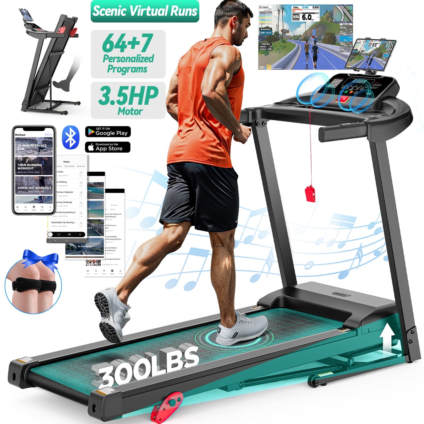Inclined Treadmill w/ 300lb Capacity, 3.75HP Folding Treadmill for Home Walking Running