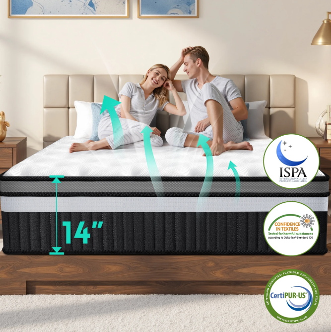 Memory Foam Queen Mattress, 14" Cooling Gel Mattress in a Box, Zoned Pressure Relief