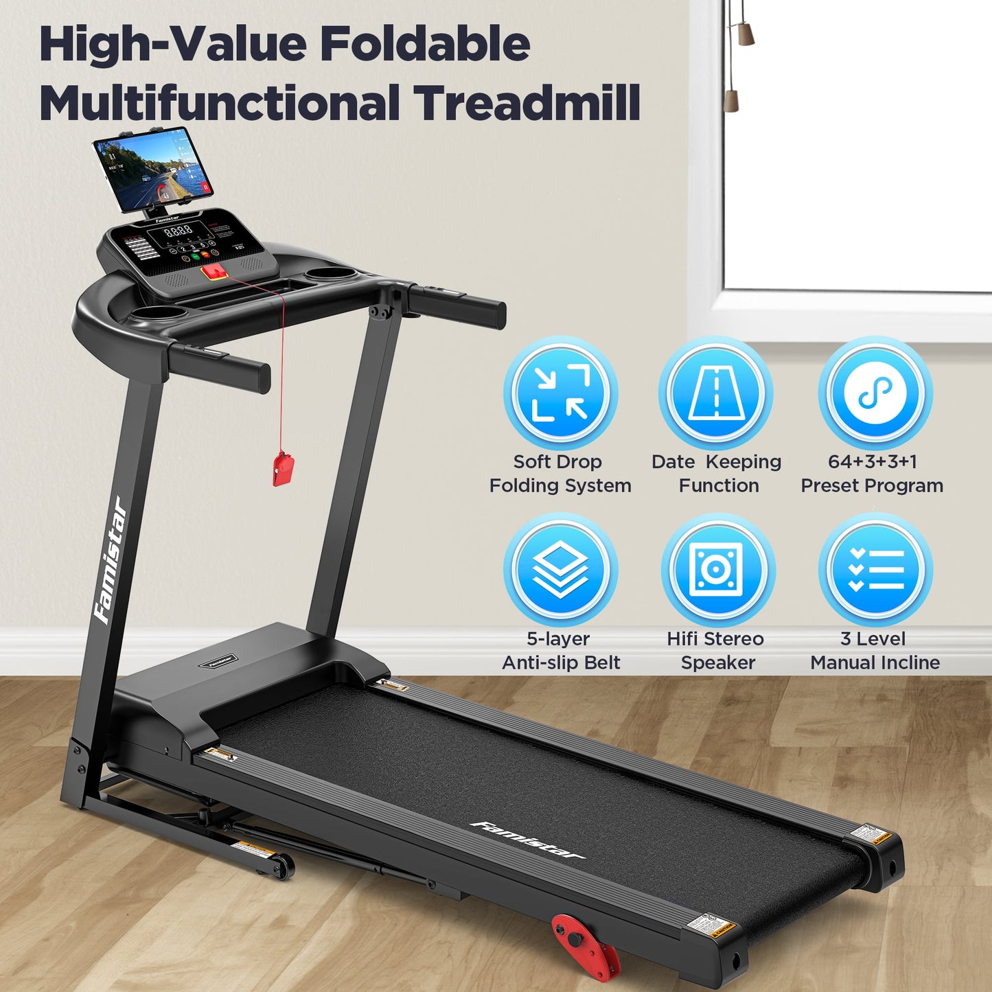 3.75HP Folding Treadmill with 300lbs Capacity, 71 Programs Treadmill for Home, 3 Adjustable Incline