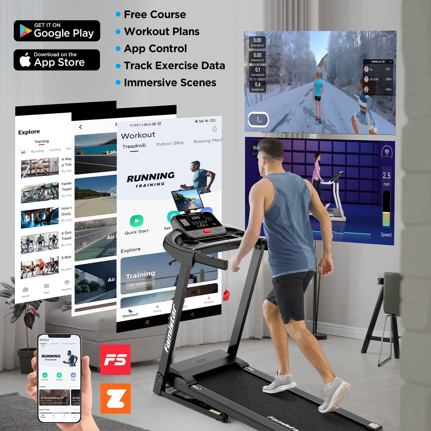 Famistar Electric Folding Treadmill for Home with Adjustable Incline & APP, 7.5MPH Speed, 301lbs, HiFi Bluetooth Speakers, 2.6HP Foldable Compact Treadmill Walking Running Machine