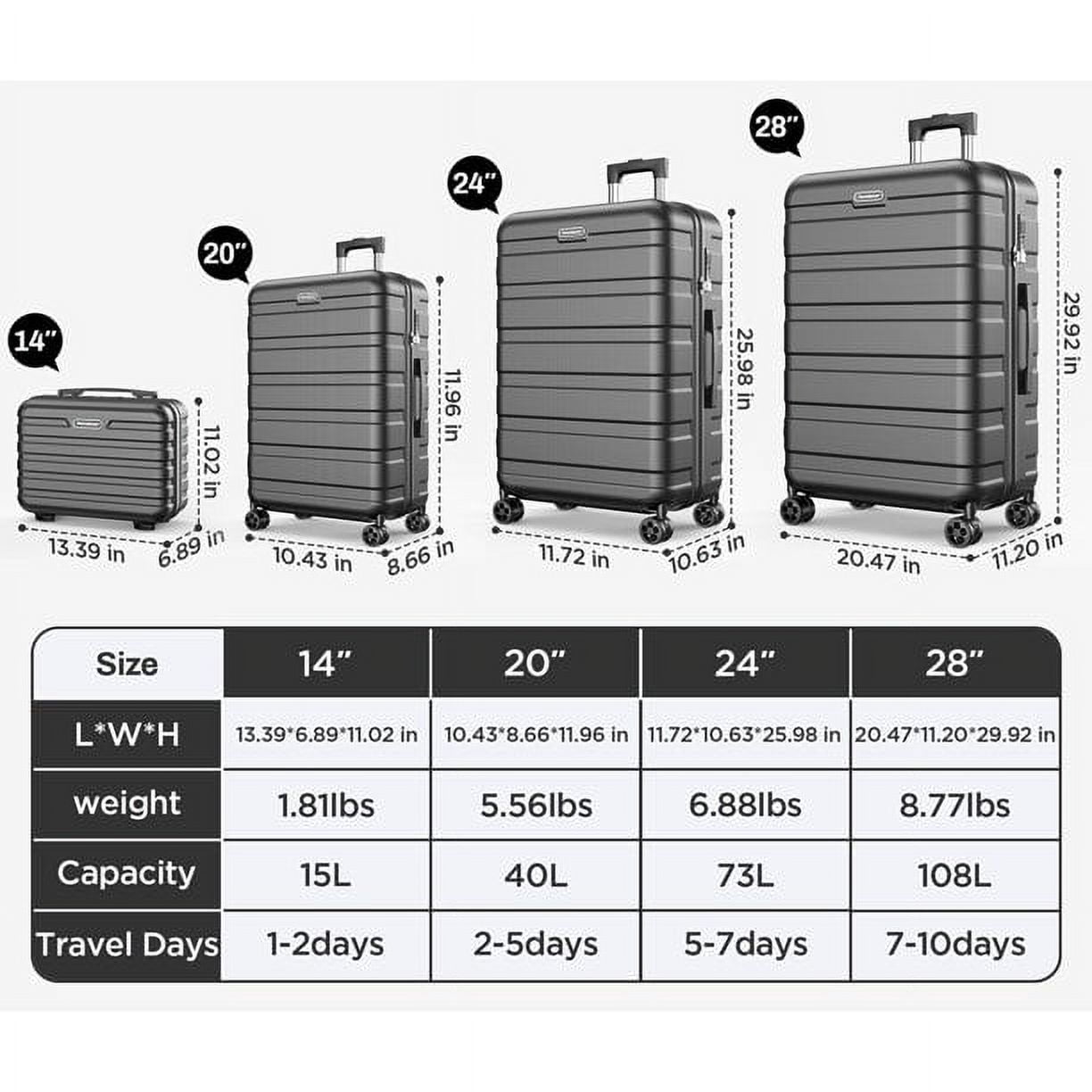 MAJUNES 4Pcs Luggage Sets, Clearance Hardside Suitcase Set with Spinner Wheels & TSA Lock, Lightweight Carry On Luggage Checked Luggage Travel Case, Packing Cubes,14"/20''/24'/28', Black