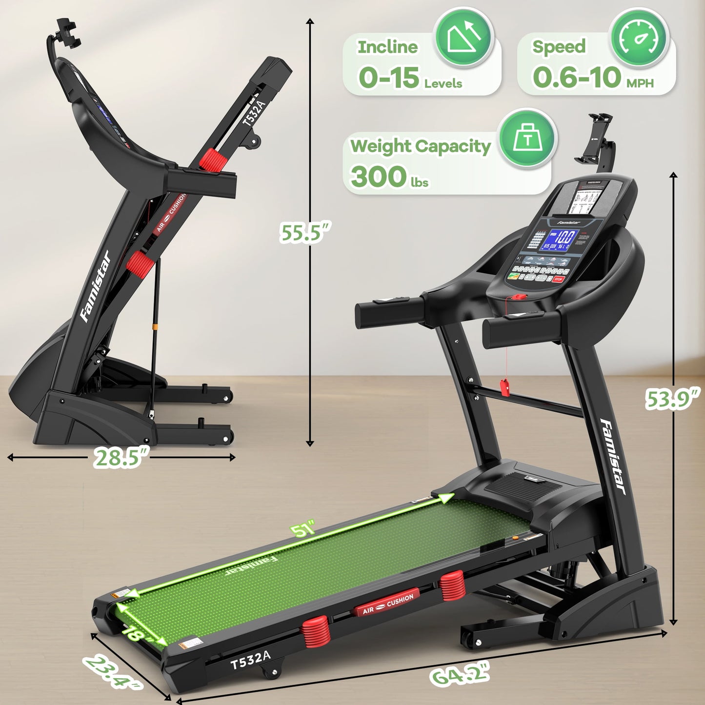 Famistar 4.5HP Folding Treadmill for Home with 15 Auto Incline, Smart APP, 300lbs, HiFi Bluetooth Speakers, 64 Programs, 10MPH Speed, Foldable EleTreadmill Running Machine, Knee Strap Gift