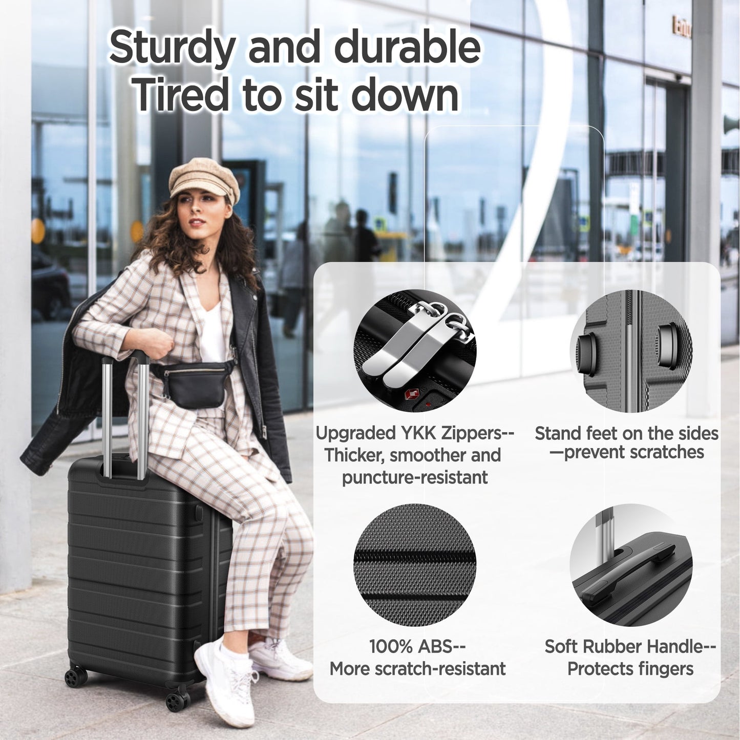ODYAAZ Luggage Sets Expandable Lightweight Suitcases with Wheels ABS Durable Travel Checked Luggage TSA Lock Black 4pcs