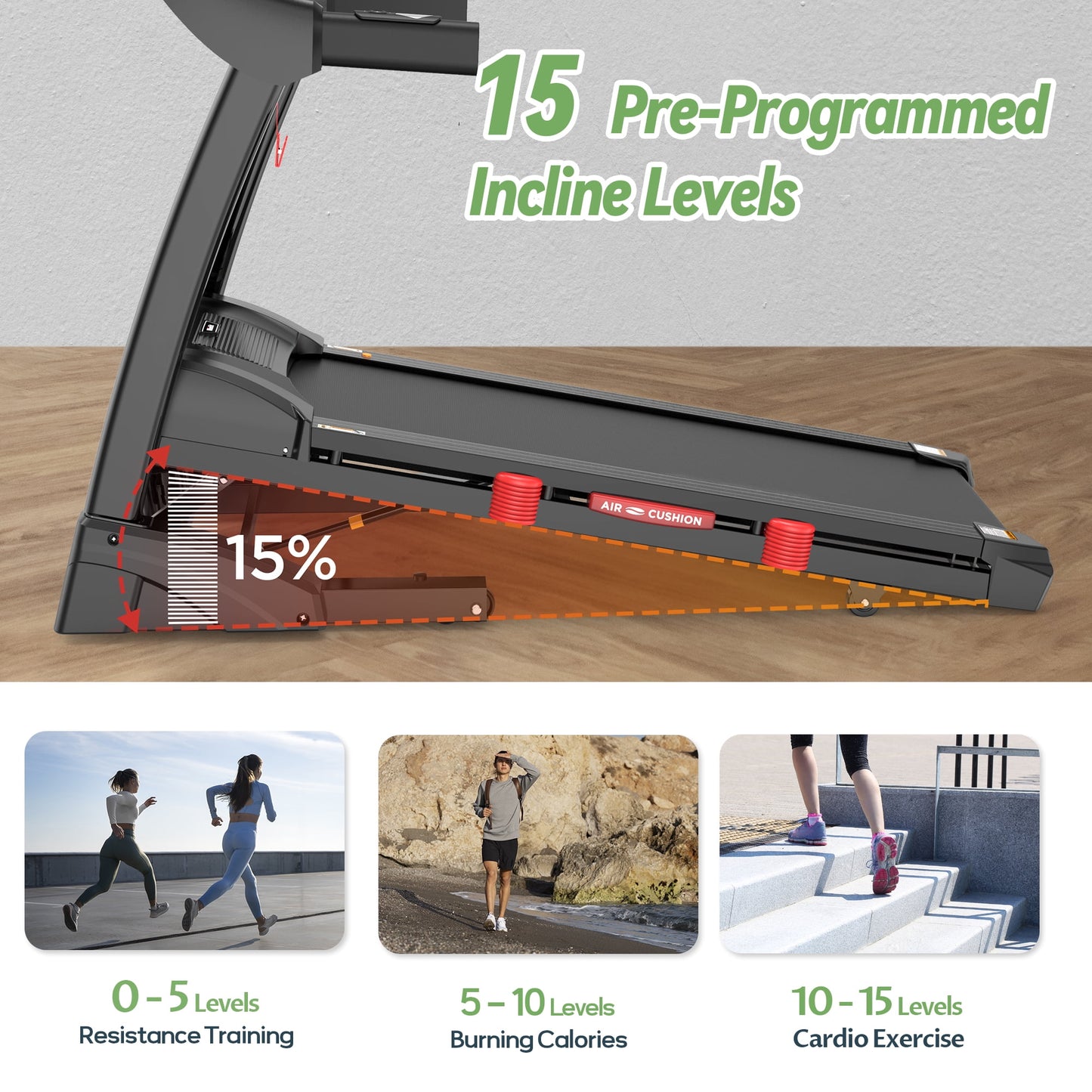 4.75HP Portable Treadmill 300lbs Capacity,10MPH Folding Treadmill for Home, 15 Levels Auto Incline
