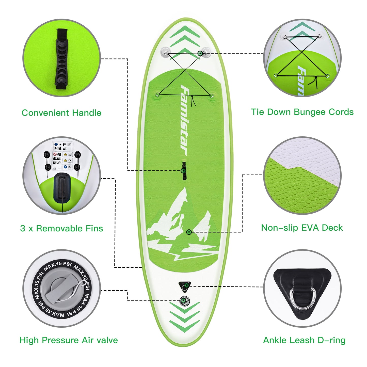 Famistar 8'7" Inflatable Stand Up Paddle Board SUP w/ 3 Fins, Adjustable Paddle, Pump & Carrying Backpack