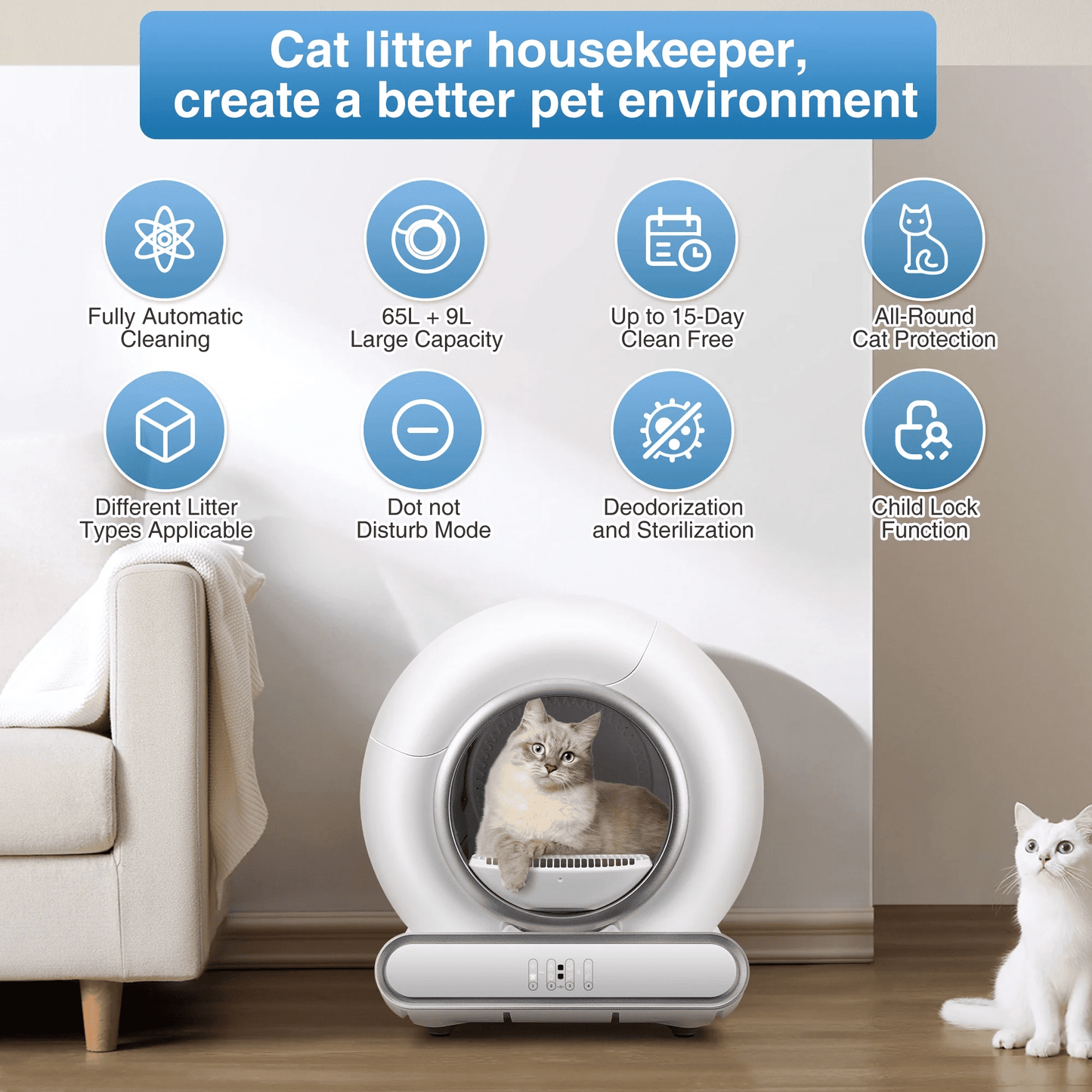 FaayFian Self Cleaning Cat Litter Box, Extra Large Automatic Litter Box for Multiple Cats, 65L+9L, APP Control, 2 Rolls Trash Bags, White