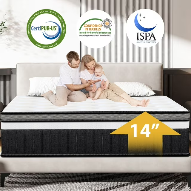 Qvamodo 14" King Size Mattress, Memory Foam Mattress, Hybrid Gel-Infused Cooling Mattress CertiPUR-US Certified, Medium-Firm Bed in a Box for Pressure Relief & Motion Isolation