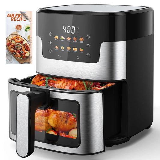WNANEEZ 7.5 QT Air Fryer with Visible Window, Family Size Oil-less Cooker with 10 Presets, 360° Hot Air Circulation, LED Touchscreen, Nonstick Basket, Includes 100 Liners, Dishwasher Safe