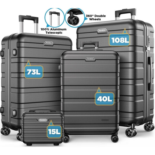 Hardside Luggage Set 4-Piece Set (14/20/24/28) Suitcase with 360° Double Spinner Wheels Integrated TSA Lock Lightweight Suitcase Set, Black