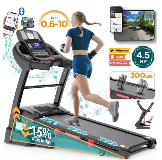 Auto Incline Treadmill for Home, 4.5HP Folding Treadmill 300lbs Capacity, 0.6-10MPH