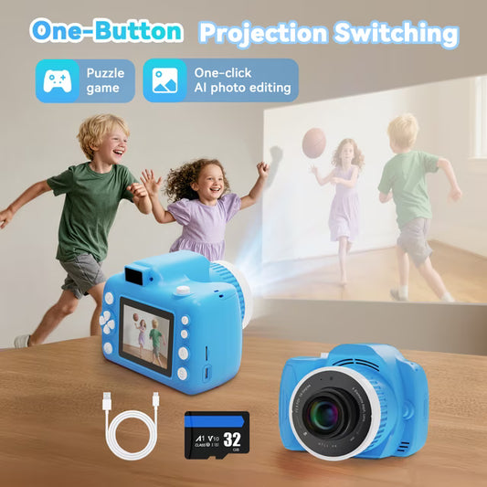HD Kids Camera with Built-in Projector – Dual Screen, 32GB Card, Games & AI Video Editing – Fun Learning Gift for Toddlers, Boys & Girl（Pink）