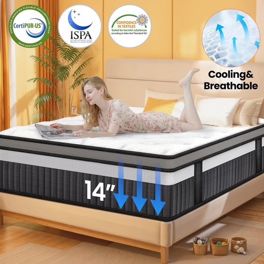 14 Inch King Size Mattress, Memory Foam Hybrid Mattress, Cooling & Pressure Relief, Mattress Bed in a Box