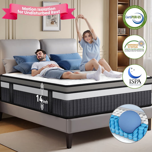 14 Inch Queen Size Mattress, Hybrid Mattress with Memory Foam & Pocket Springs for Motion Isolation