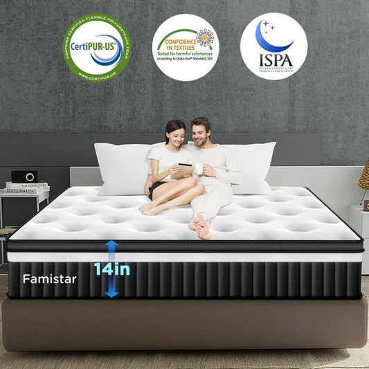 14 Inch Queen Size Mattress, Pressure Relief Hybrid Mattress w/Thicker Gel Memory Foam & Pocket Coils