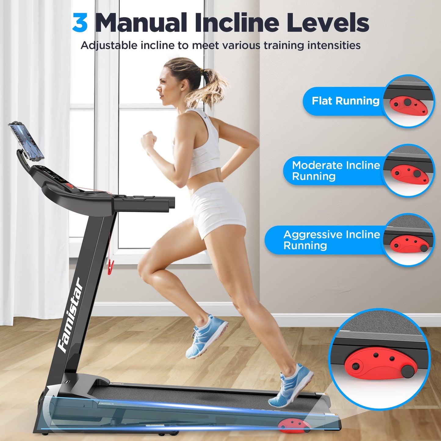Famistar 3.0HP Folding Treadmill for Home w/ APP Control, 300lbs Capacity, Adjustable Incline, 64+3+3+1 Programs, Bluetooth Speakers, Electric Treadmill Running Machine, Knee Strap Gift, 4/21 Update