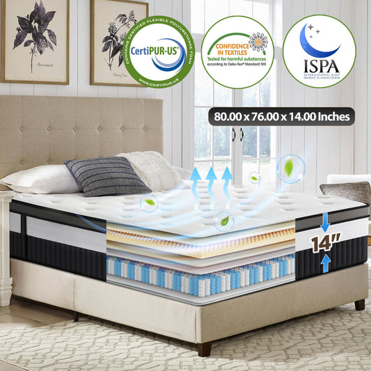King Mattress, 14 Inch Mattress Memory Foam Mattress King Size, Fiberglass Free, Medium Firmness, Cooling Gel Foam, Certified Safe Foams & Fabric, Mattress in A Box