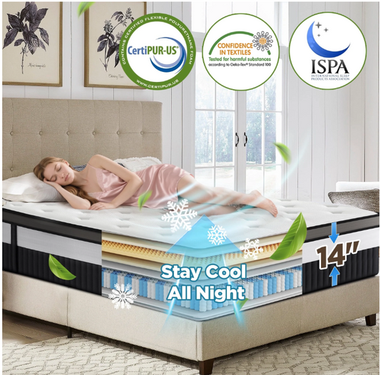 King Mattress, 14 Inch Mattress Memory Foam Mattress King Size, Fiberglass Free, Medium Firmness, Cooling Gel Foam, Certified Safe Foams & Fabric, Mattress in A Box