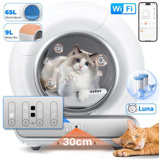 Self Cleaning Cat Litter Box, Automatic Litter Box with APP Control, Odor Removal, Safety Protection, 65L+9L Large Capacity, Litter Box with 2 Liners
