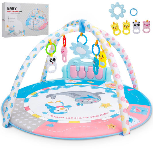 Tummy Time Mat, 5-in-1 Baby Play Gym, Kick and Play Piano Gym with 5 Infant Learning Sensory Baby Toys, Extra Large Thickened and Non Slip Mat Washable for Newborn Babies